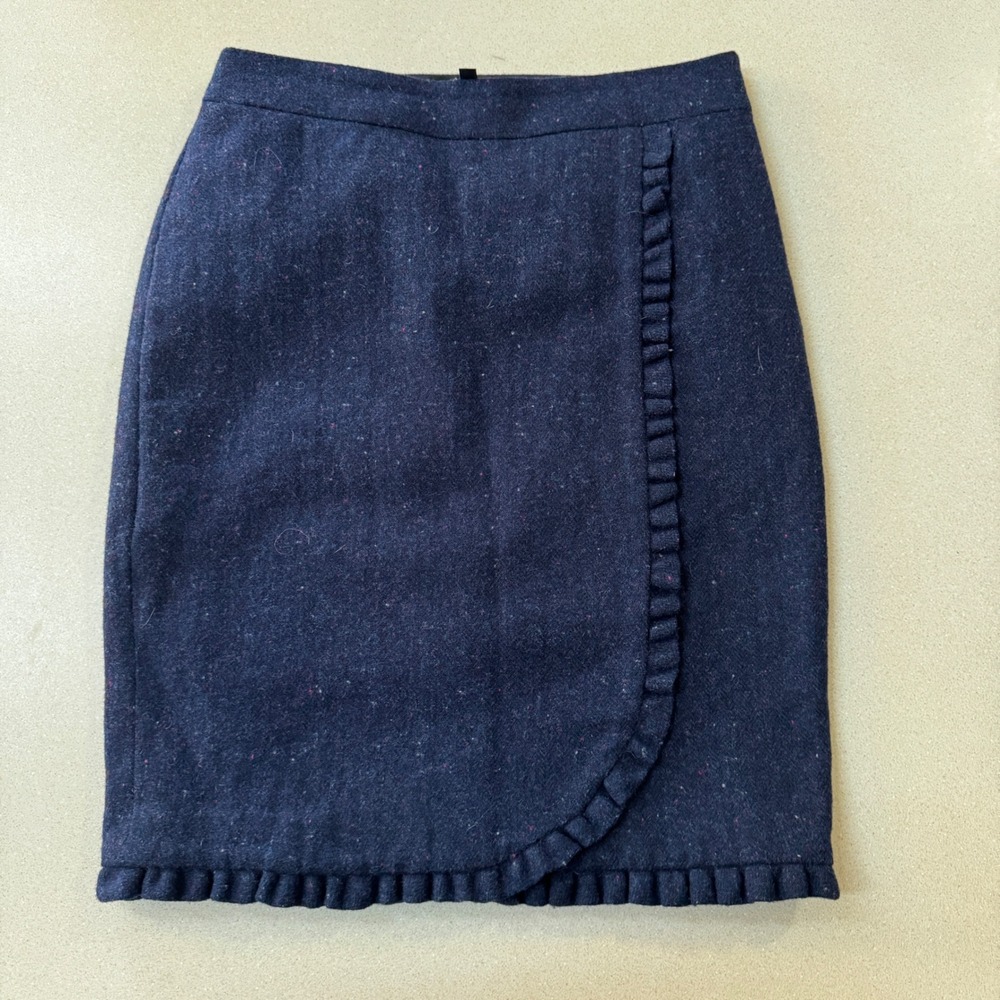Talbots Navy Blue Wool Blend Ruffle Trim Tweed Pencil Skirt Size 4 PH5090